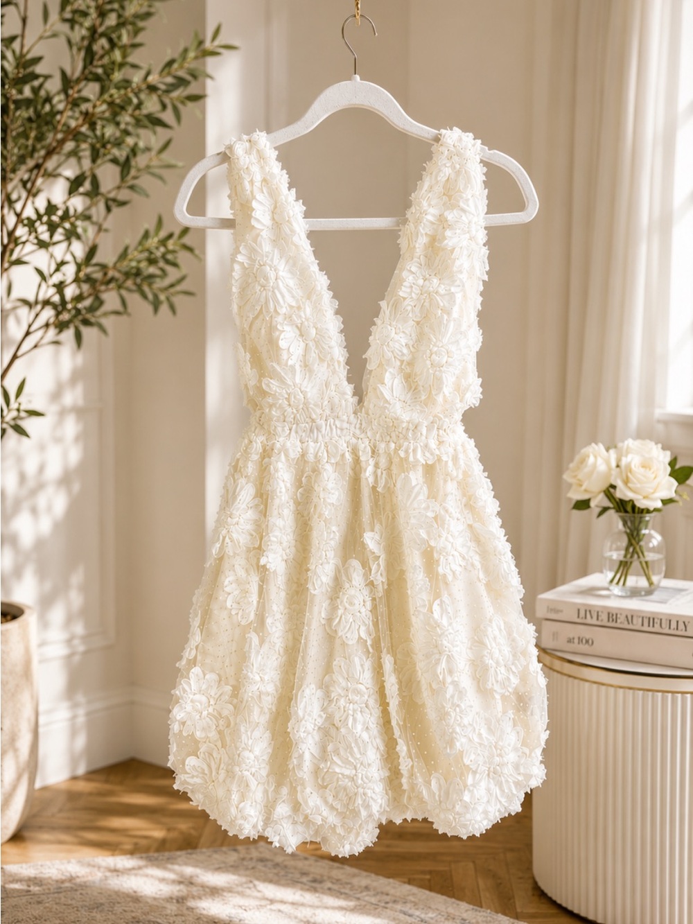 Mabel Floral Mini Dress Floral Appliqué Off White Bridal
